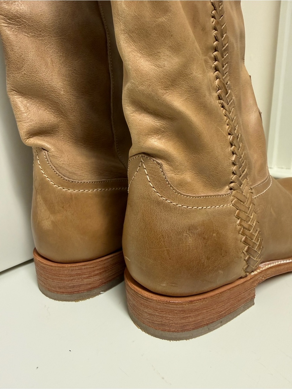 Lucchese Tall Shaft Cowboy Boots – Braided Detail – Tan/Camel Leather – Unworn - Picture 15 of 16